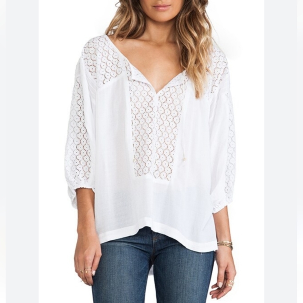Free People Size XS Lace Panel Rayon Peasant Blouse Tie Front White Loose Fit‎